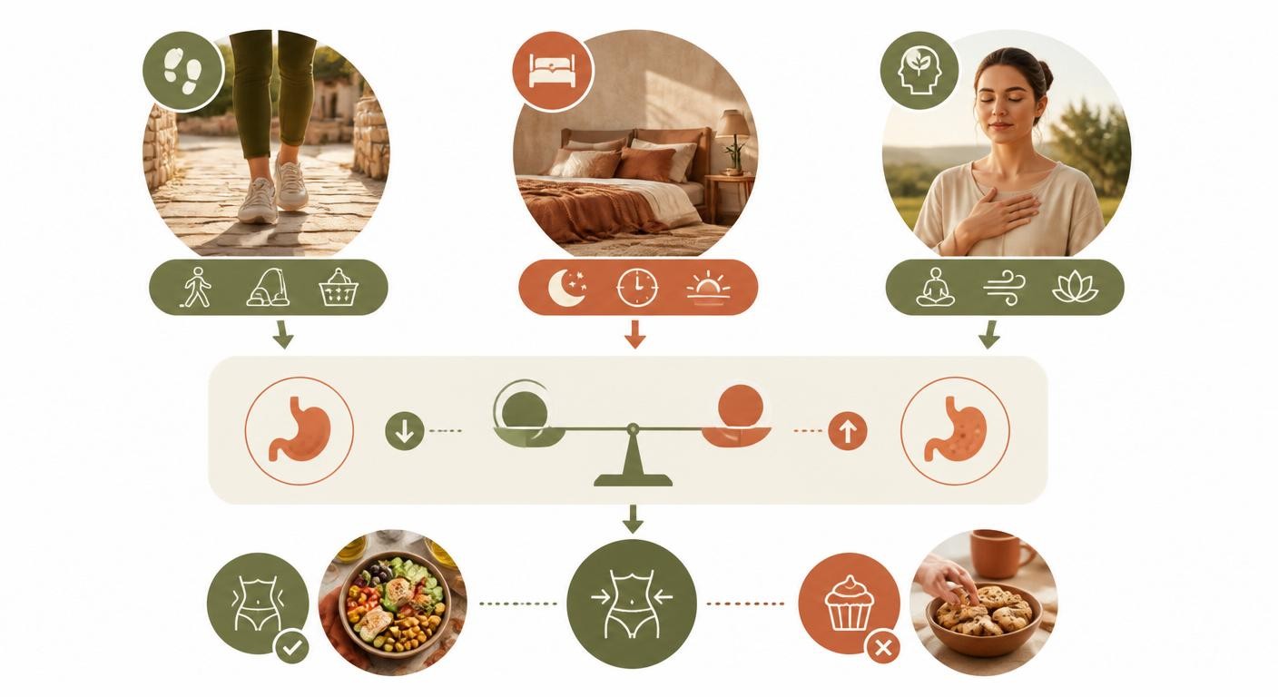 Infographie montrant l'impact du mouvement, du sommeil et du stress sur la perte de gras.
