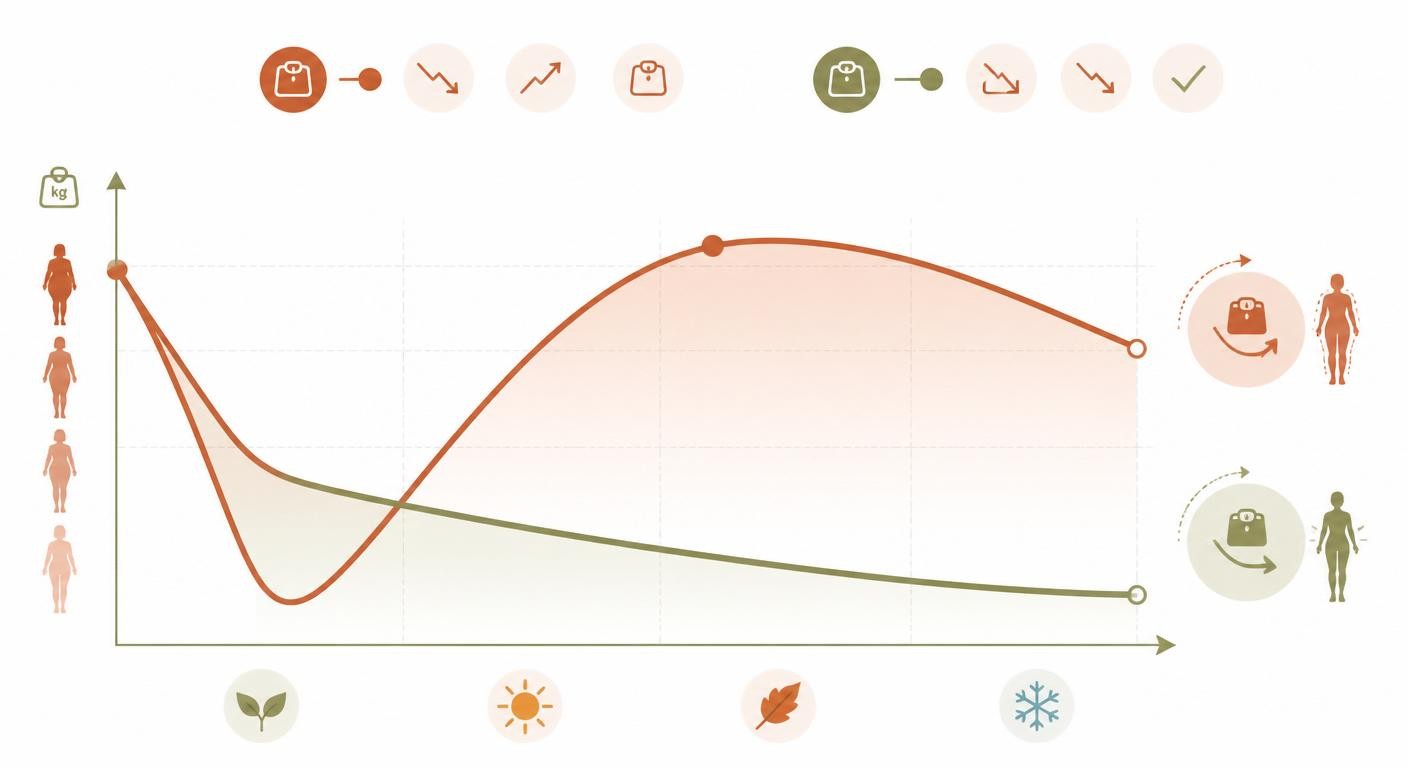 Infographie comparant la courbe de perte puis reprise de poids d'un régime strict et d'un rééquilibrage durable.