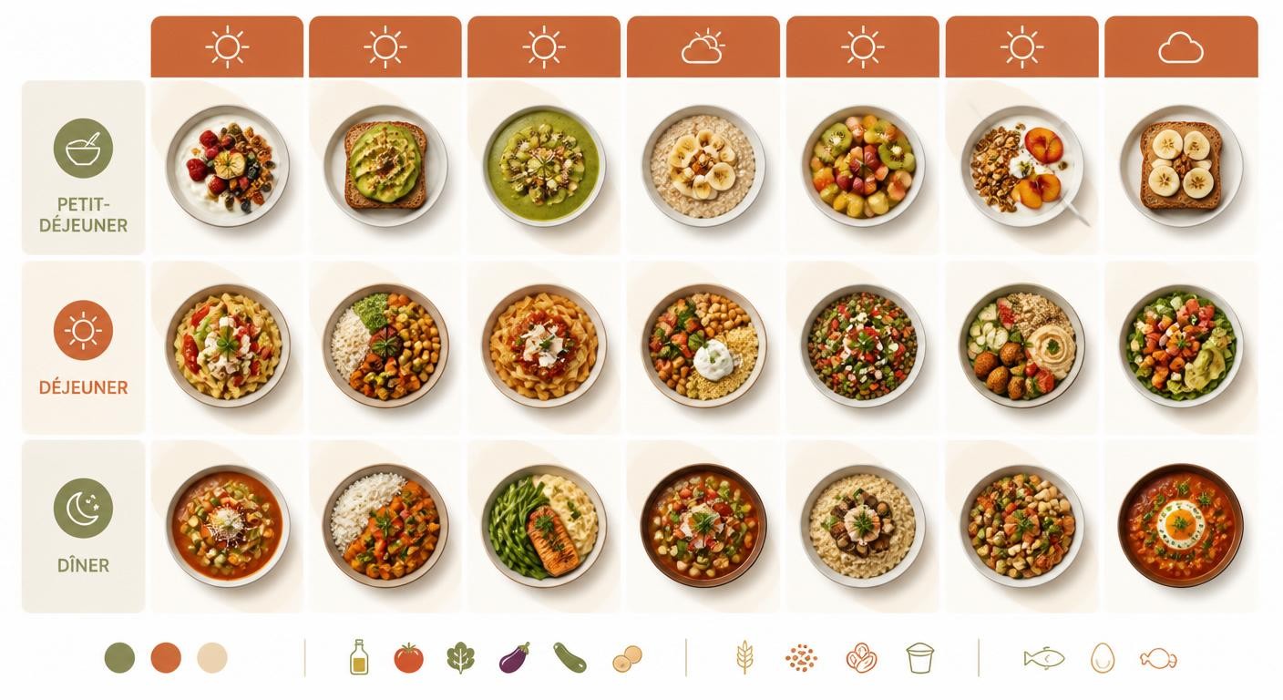 Infographie présentant un planning hebdomadaire simplifié avec des exemples de repas gourmands et équilibrés.
