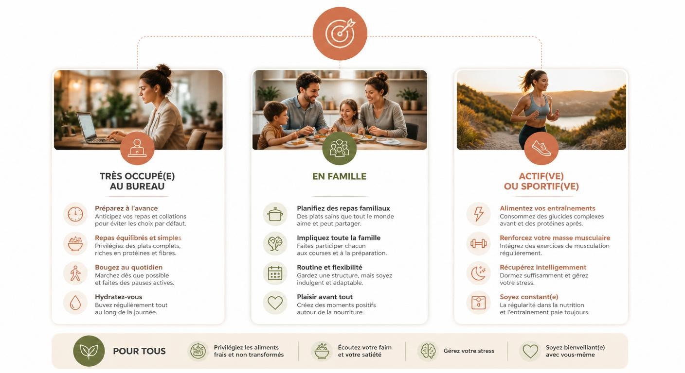 Infographie montrant différentes adaptations de la méthode selon les profils de vie.