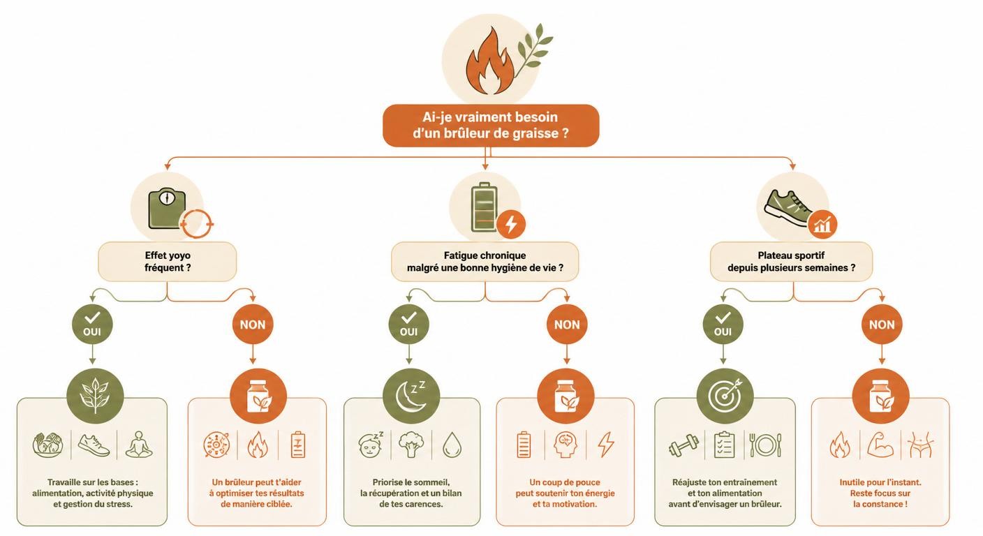 Infographie aidant à décider si l'on a vraiment besoin d'un brûleur de graisse selon son profil.