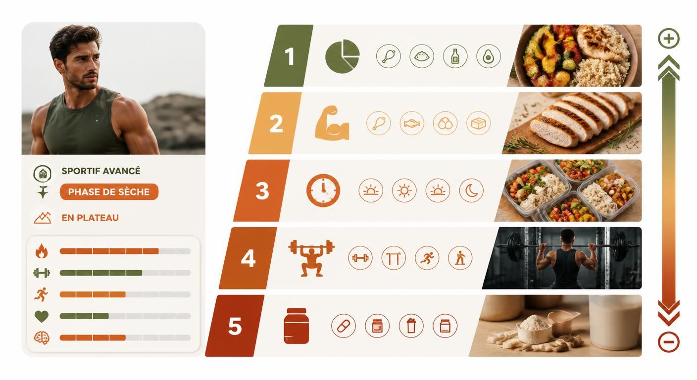 Infographie présentant le profil sportif centré sur les macros et l'entraînement.