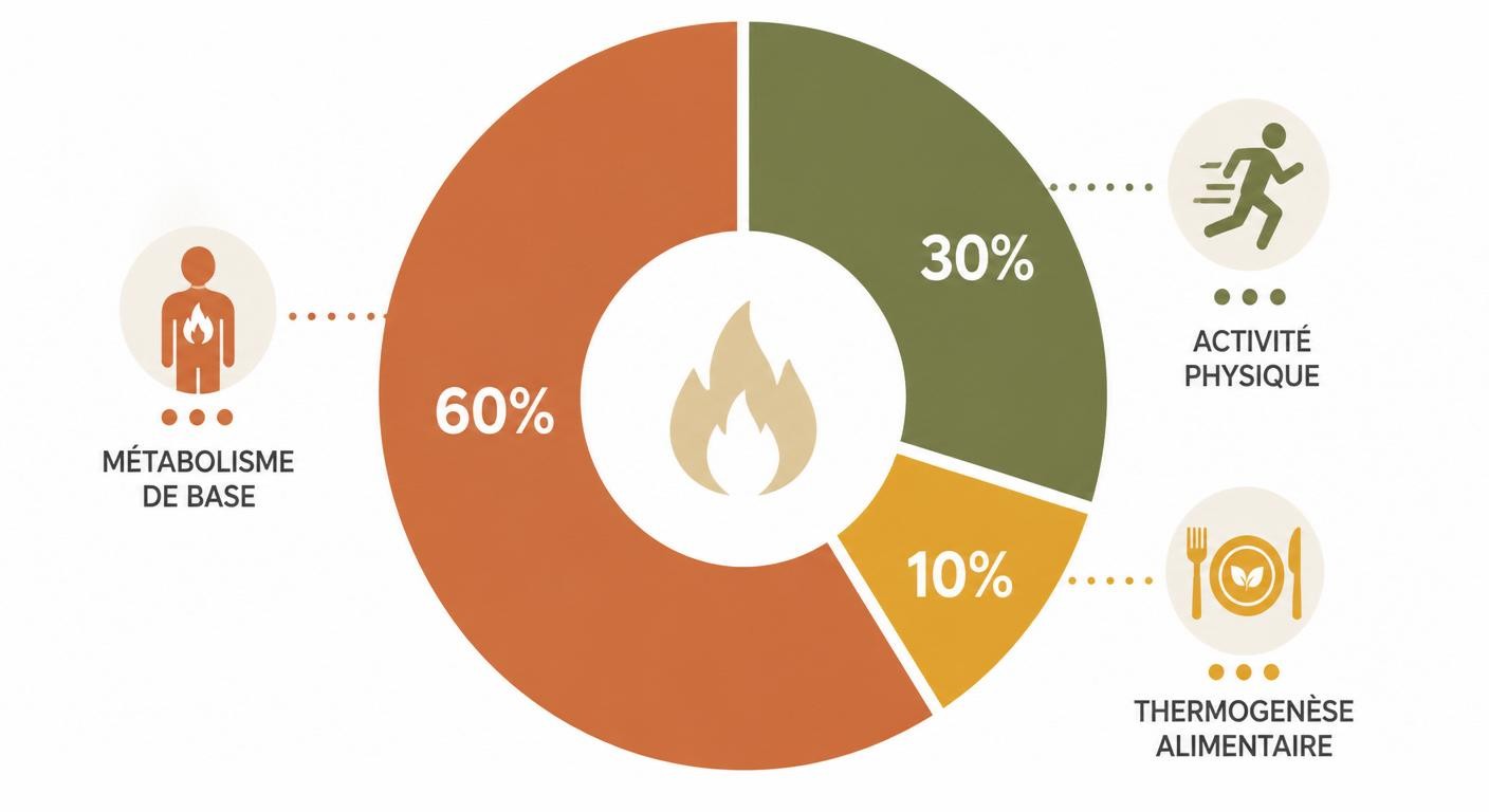 Infographie en diagramme circulaire montrant la répartition de la dépense énergétique journalière.