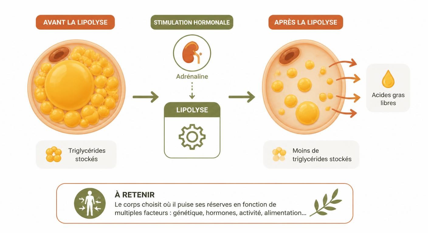 Infographie schématisant un adipocyte avant et après la lipolyse.