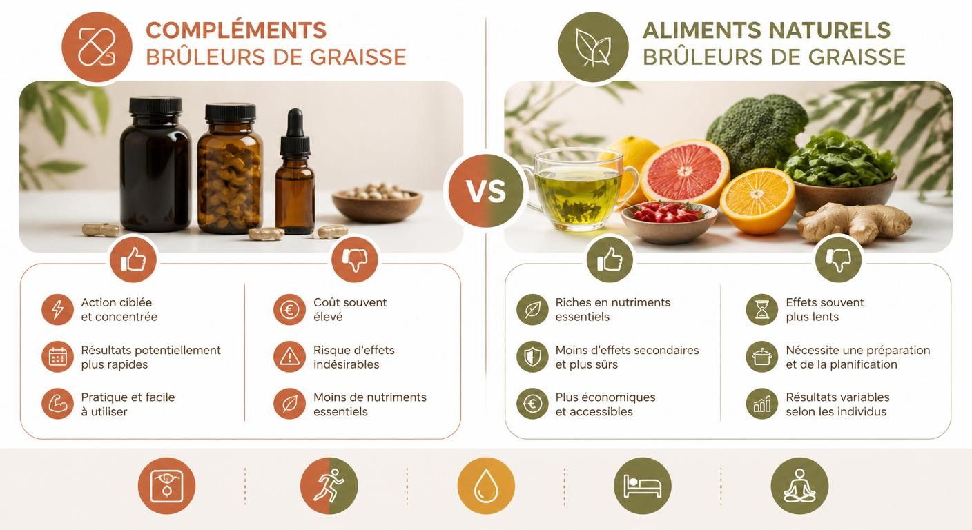 Infographie comparant les compléments brûleurs de graisse et les aliments qui favorisent la combustion des graisses.