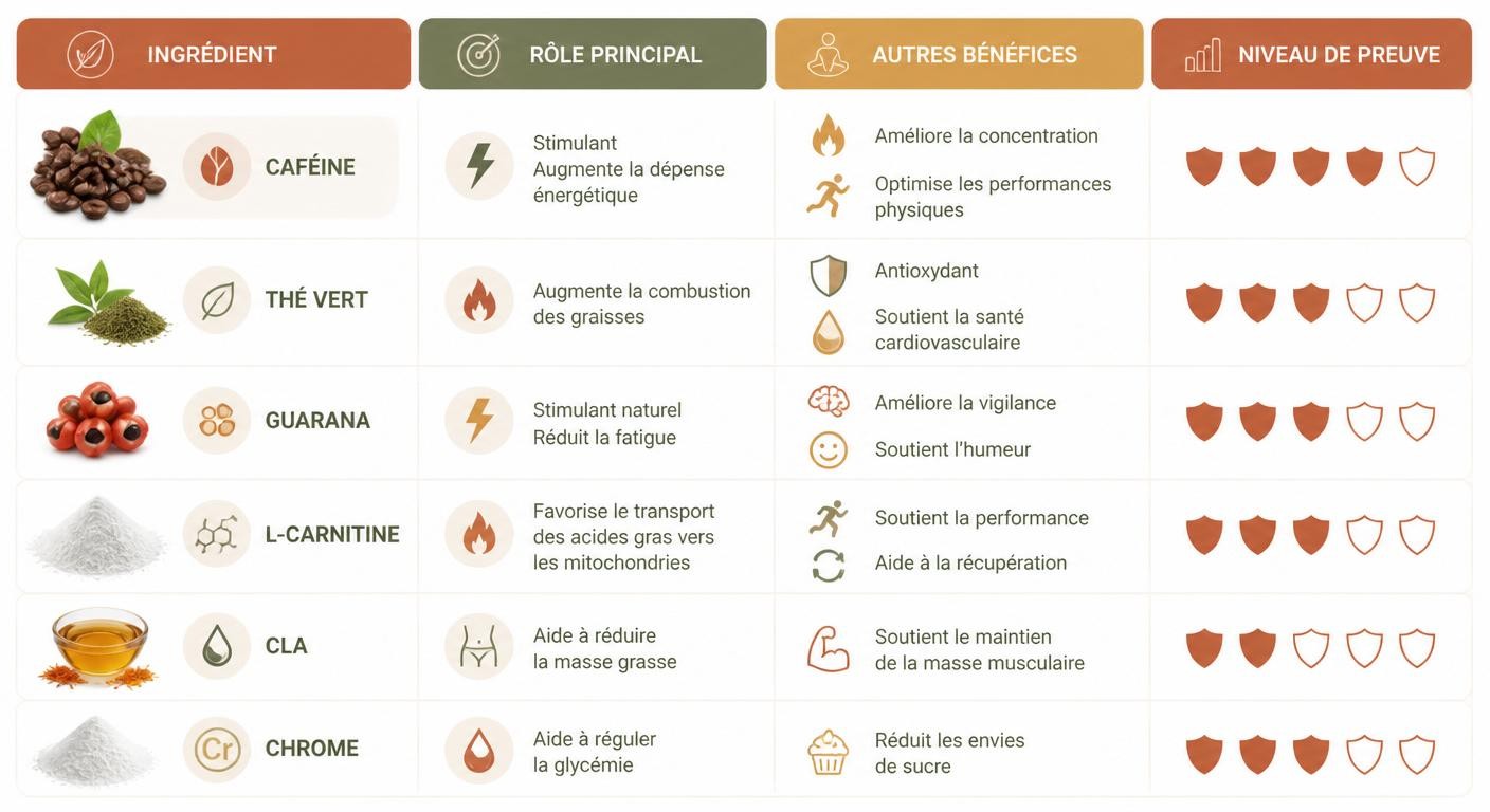 Infographie en tableau visuel des ingrédients de brûleurs de graisse avec pictogrammes et niveau de preuve.