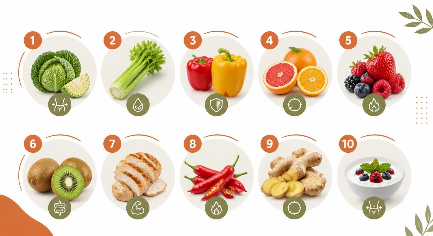 Infographie de type top 10 présentant les aliments favorisant la combustion des graisses.