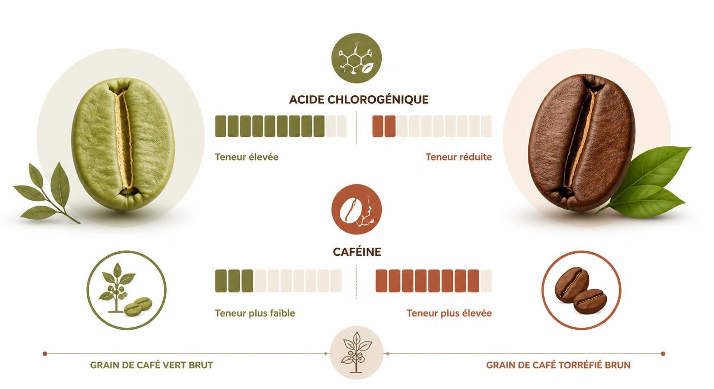 Comparaison visuelle entre le grain de café vert et le grain de café torréfié
