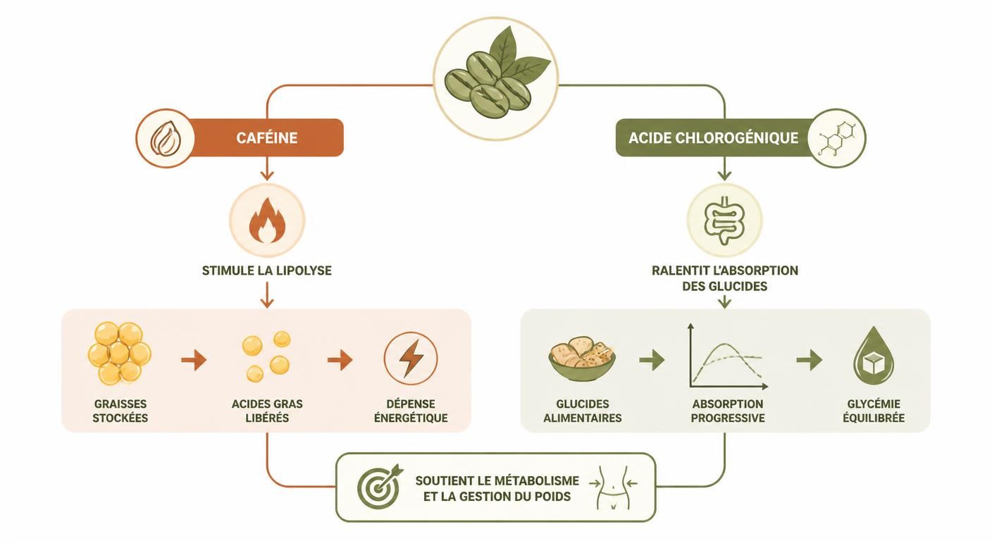 Schéma du mécanisme d'action du café vert sur le métabolisme