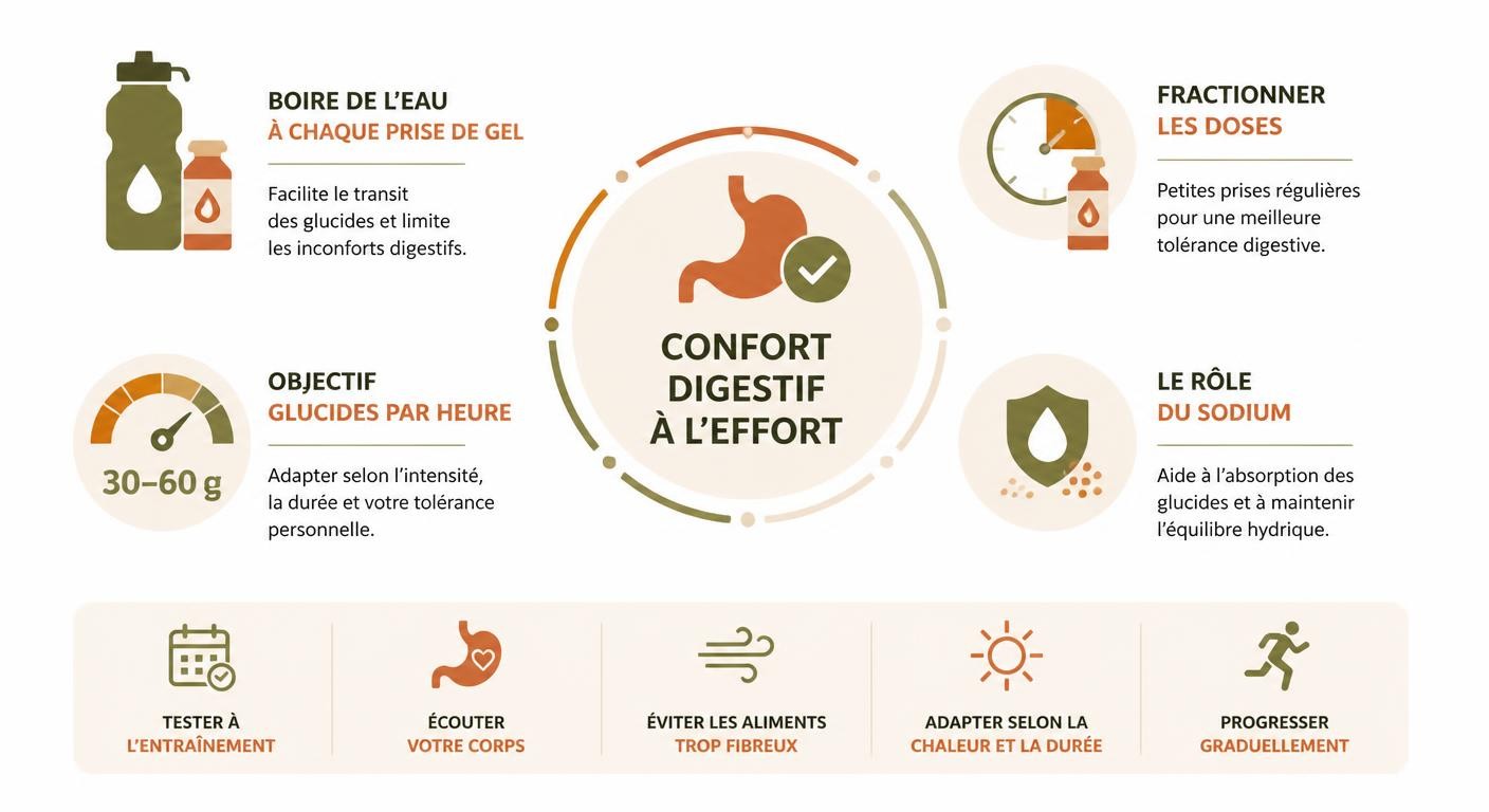 Infographie sur le confort digestif et l'hydratation avec les gels caféinés