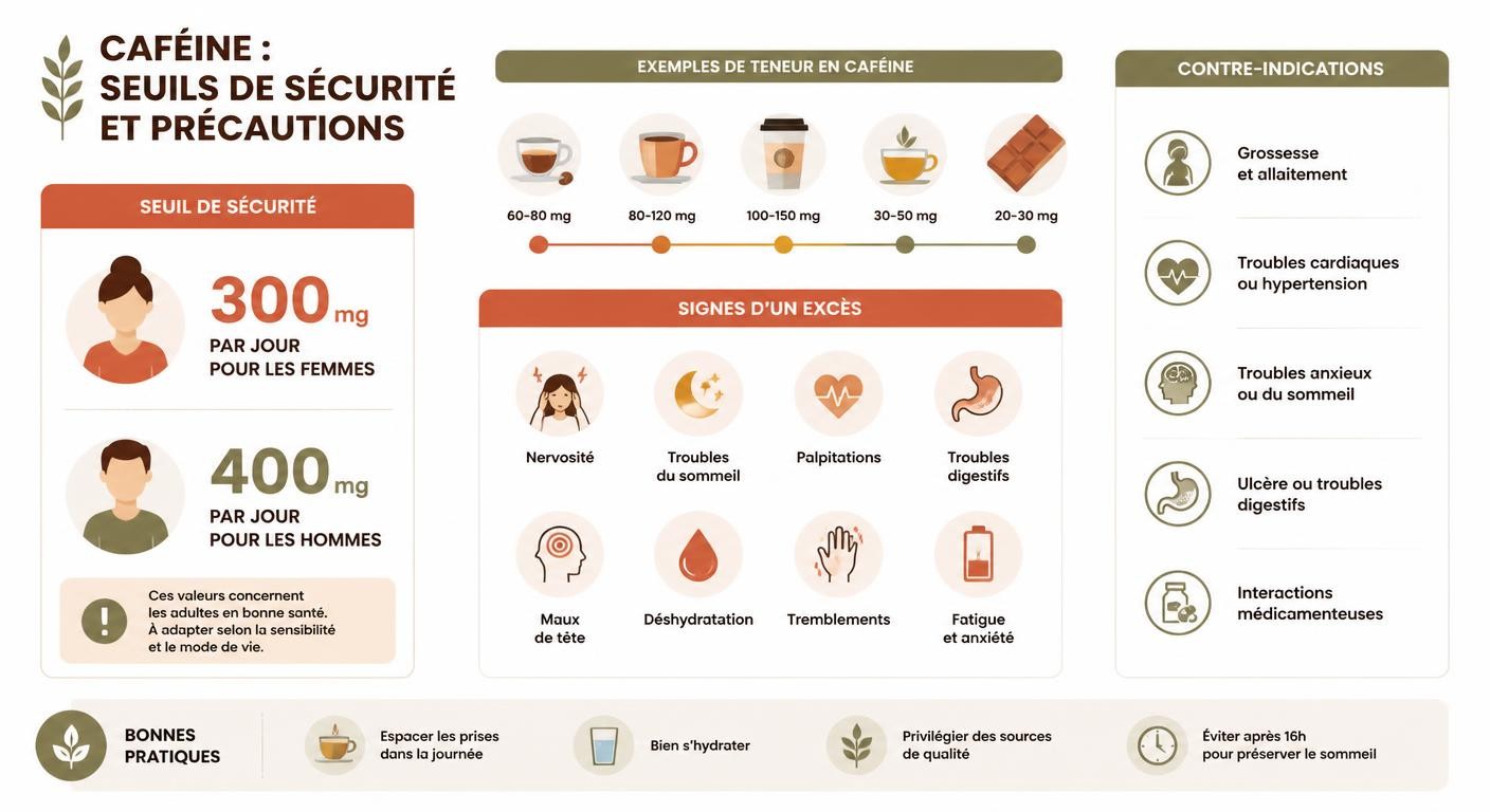 Infographie des seuils de sécurité et des signes de surdosage de caféine