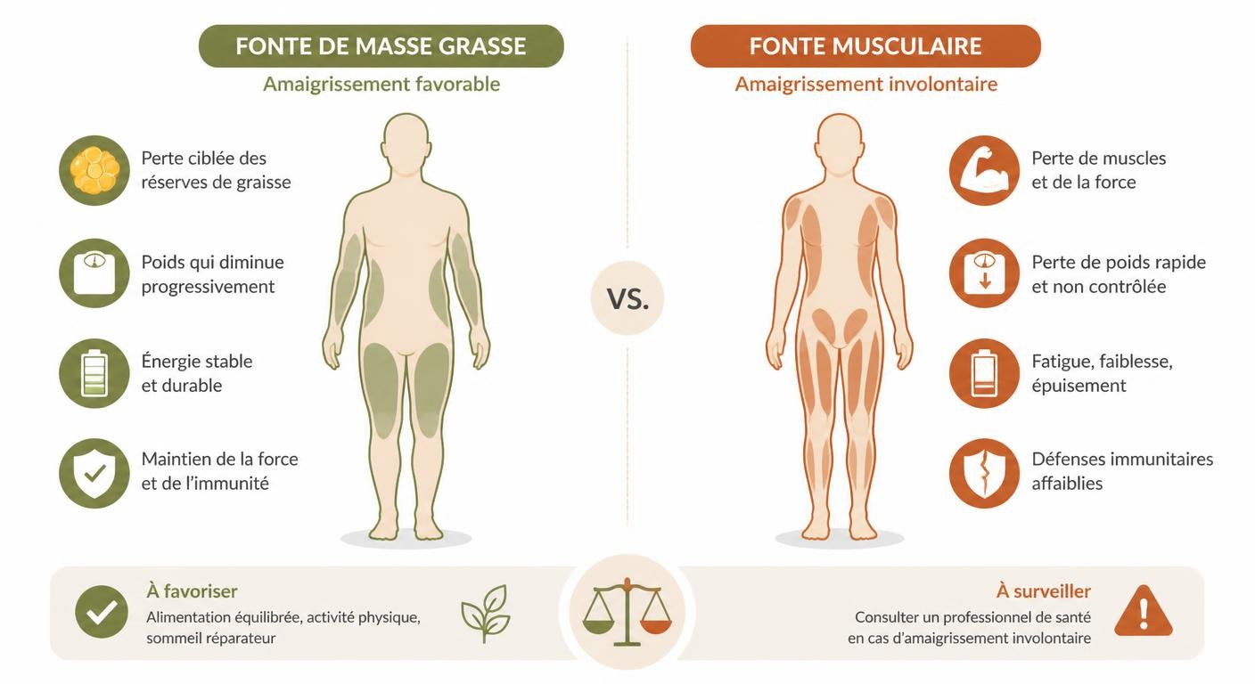 Infographie comparant fonte de masse grasse et fonte musculaire lors d'un amaigrissement involontaire