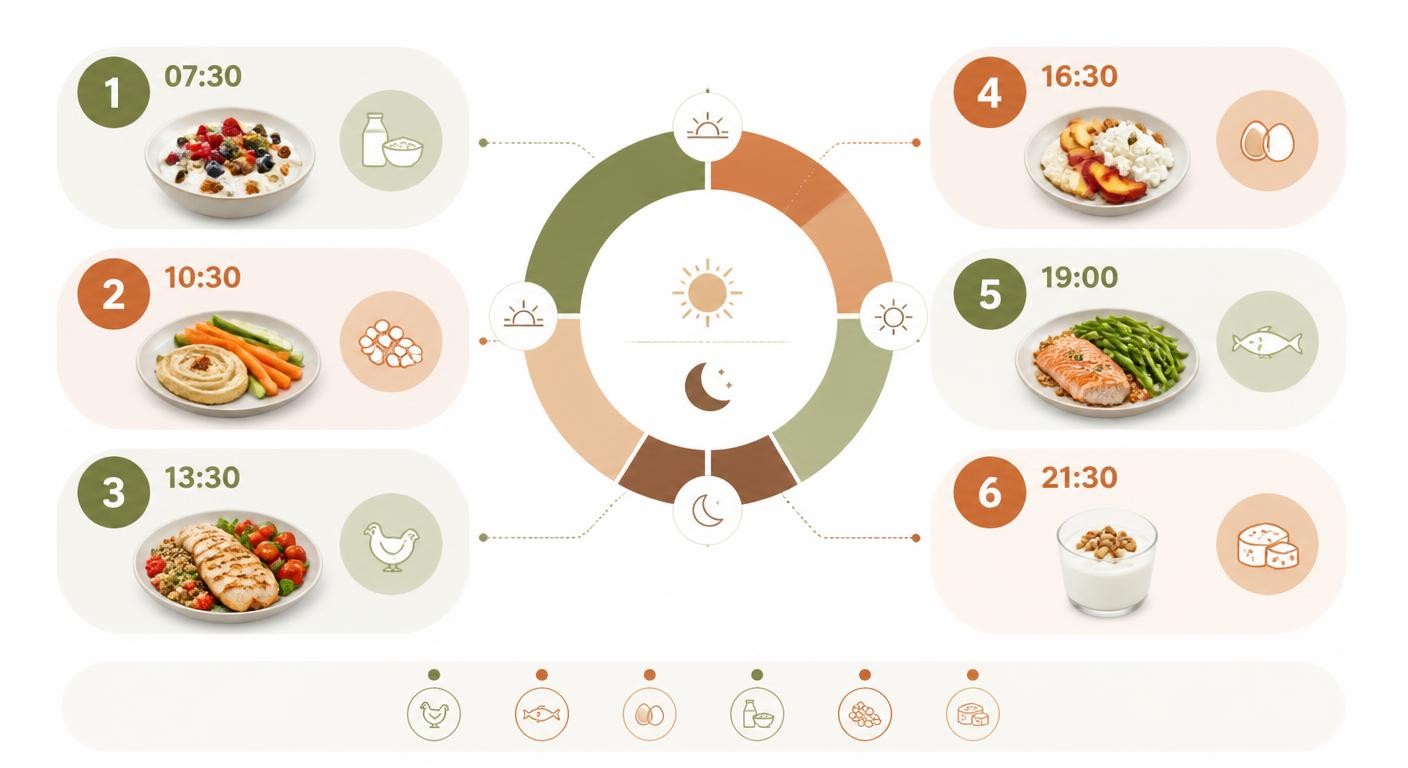 Infographie de la répartition de 5 à 6 petites prises alimentaires protéinées dans la journée