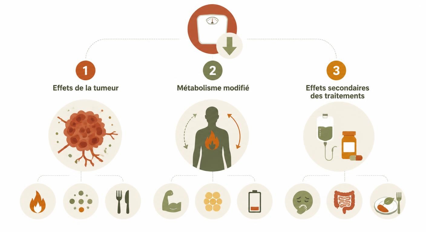 Infographie des trois causes de la perte de poids liée au cancer