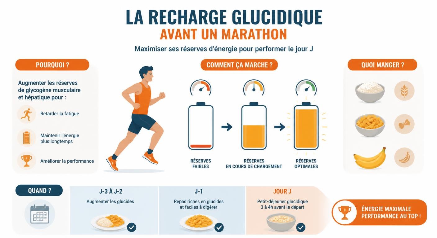 Infographie expliquant le principe de la recharge glucidique avant un marathon