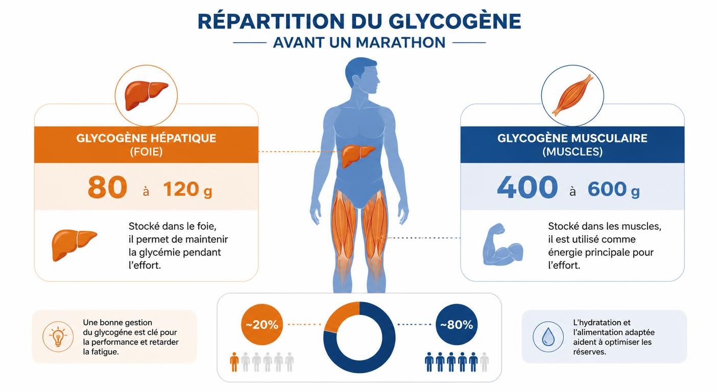 Répartition du glycogène entre le foie et les muscles avant un marathon