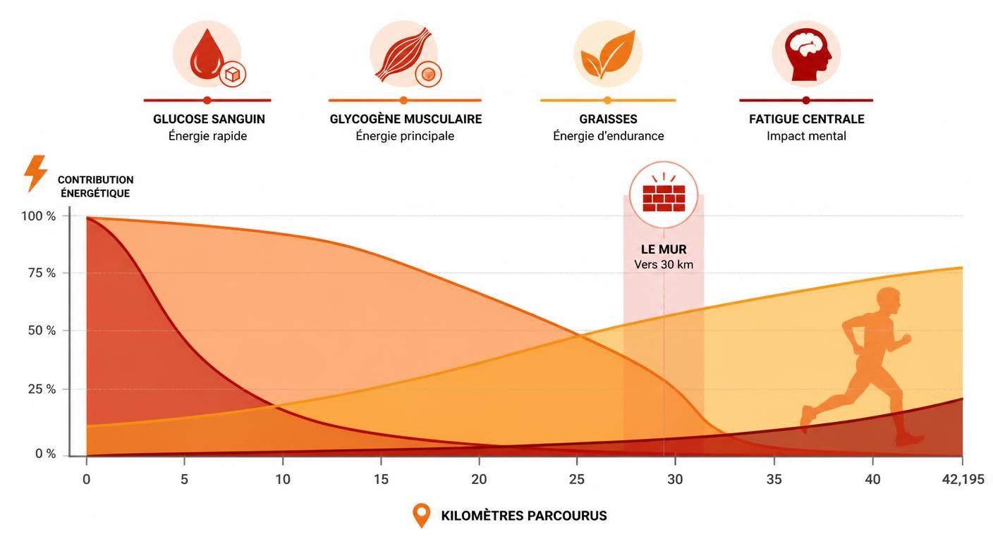 Courbe de consommation du glycogène et apparition du mur pendant un marathon