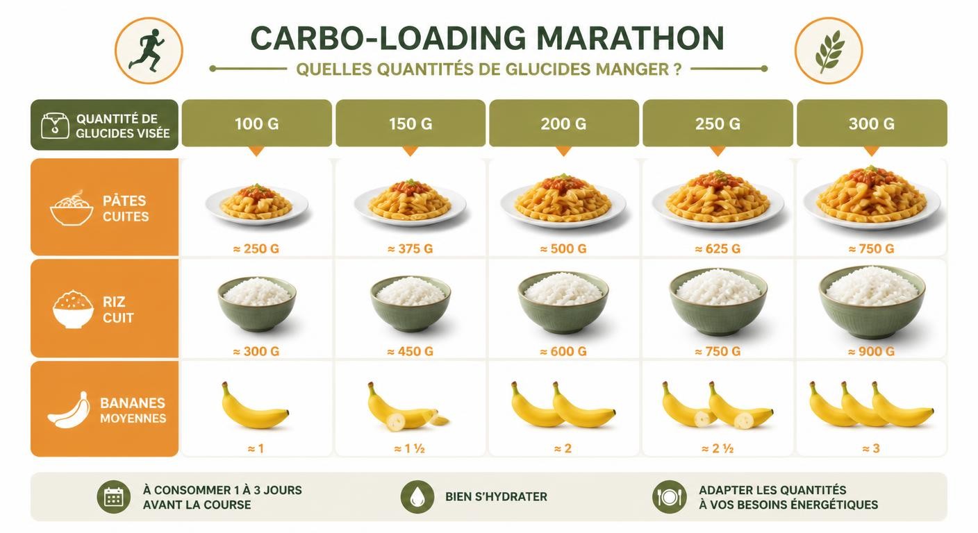 Équivalences entre grammes de glucides et portions de pâtes, riz et banane avant un marathon