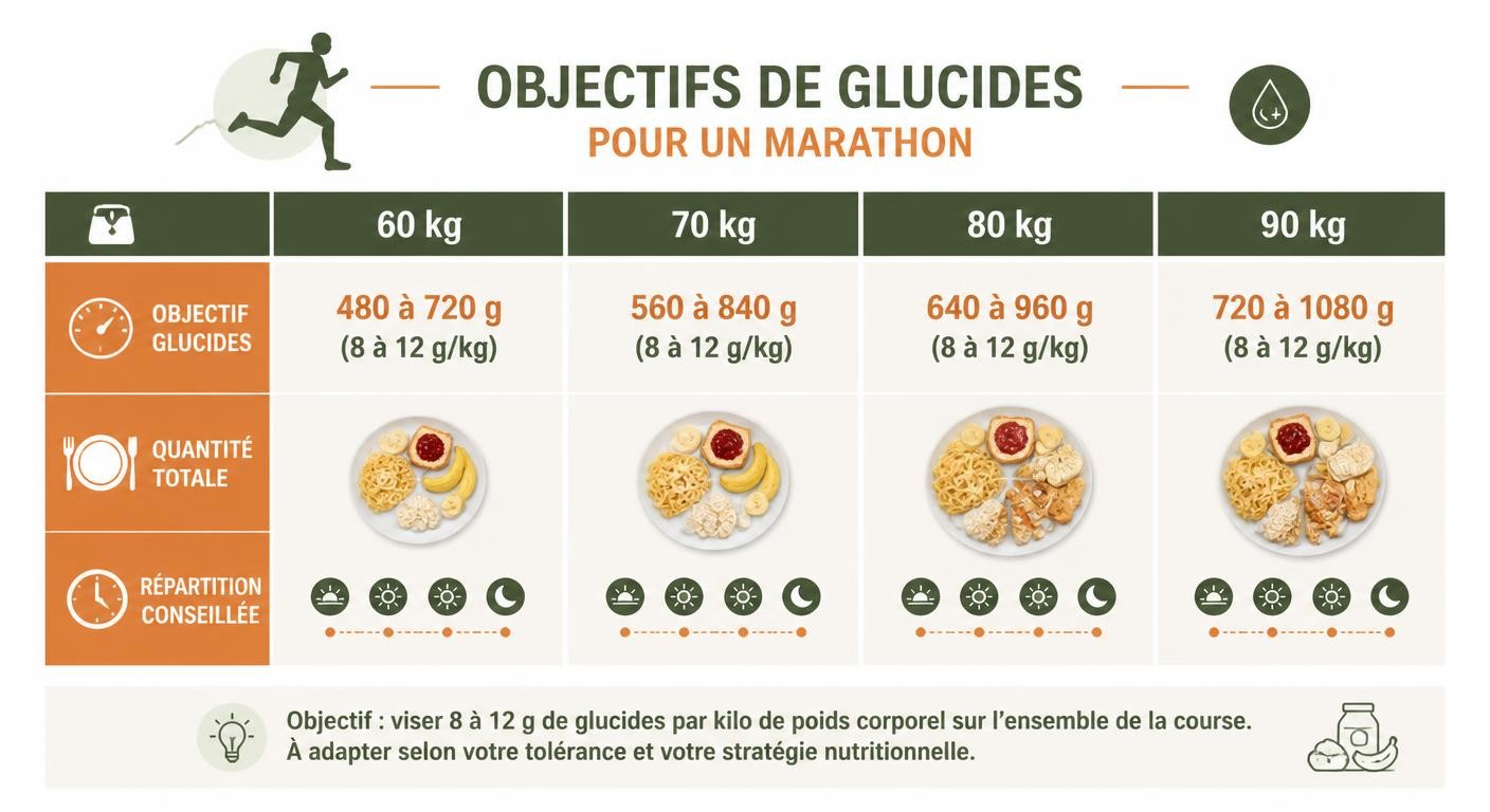 Objectifs de glucides par jour selon le poids du coureur avant un marathon