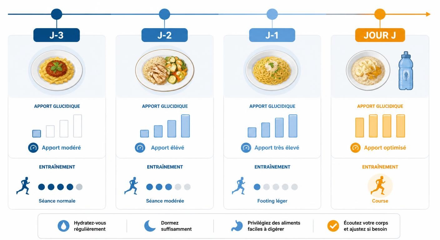 Timeline du protocole de recharge glucidique sur 3 jours avant un marathon