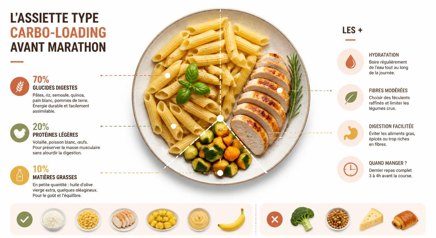 Assiette type d'un repas de carbo-loading avant un marathon