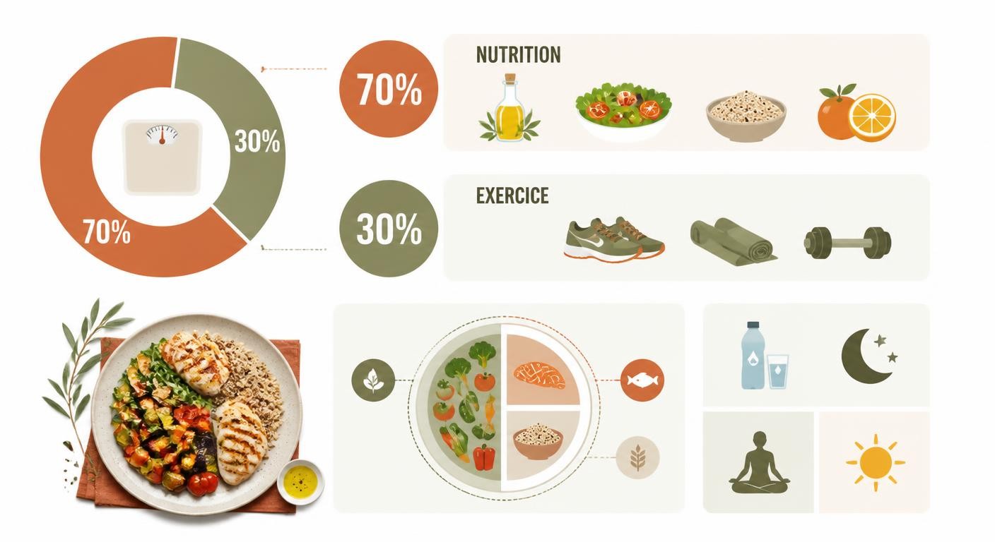 Infographie de la règle 70/30 entre alimentation et sport dans la perte de poids