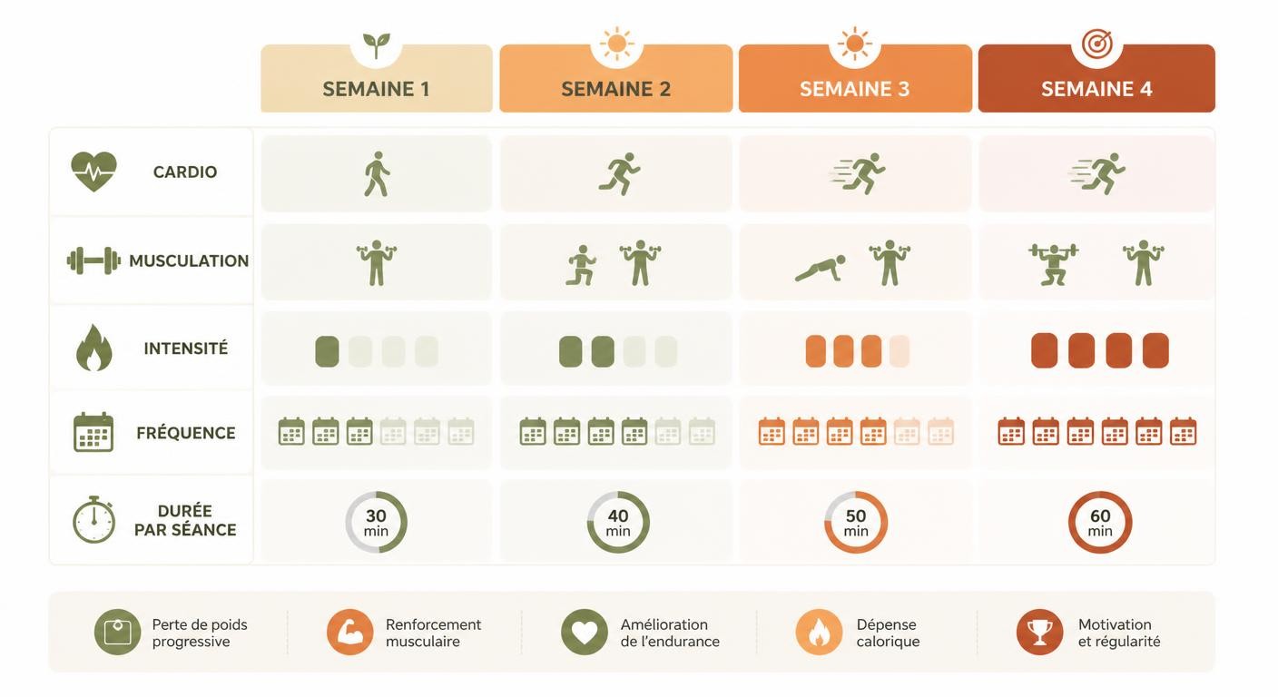 Infographie d'un programme sport de 4 semaines pour la perte de poids