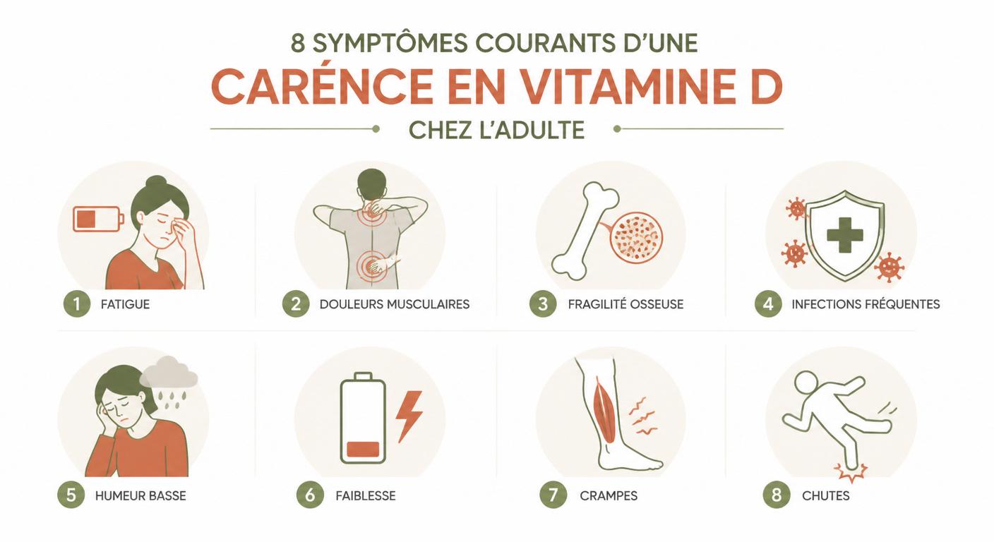 Infographie des symptômes d'une carence en vitamine D chez l'adulte