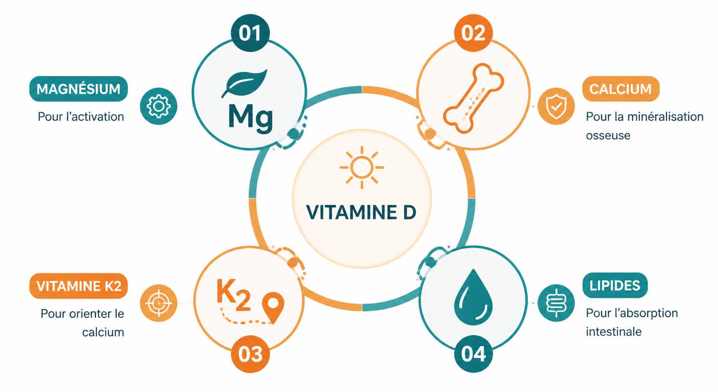 Infographie des cofacteurs nutritionnels nécessaires à l'action de la vitamine D