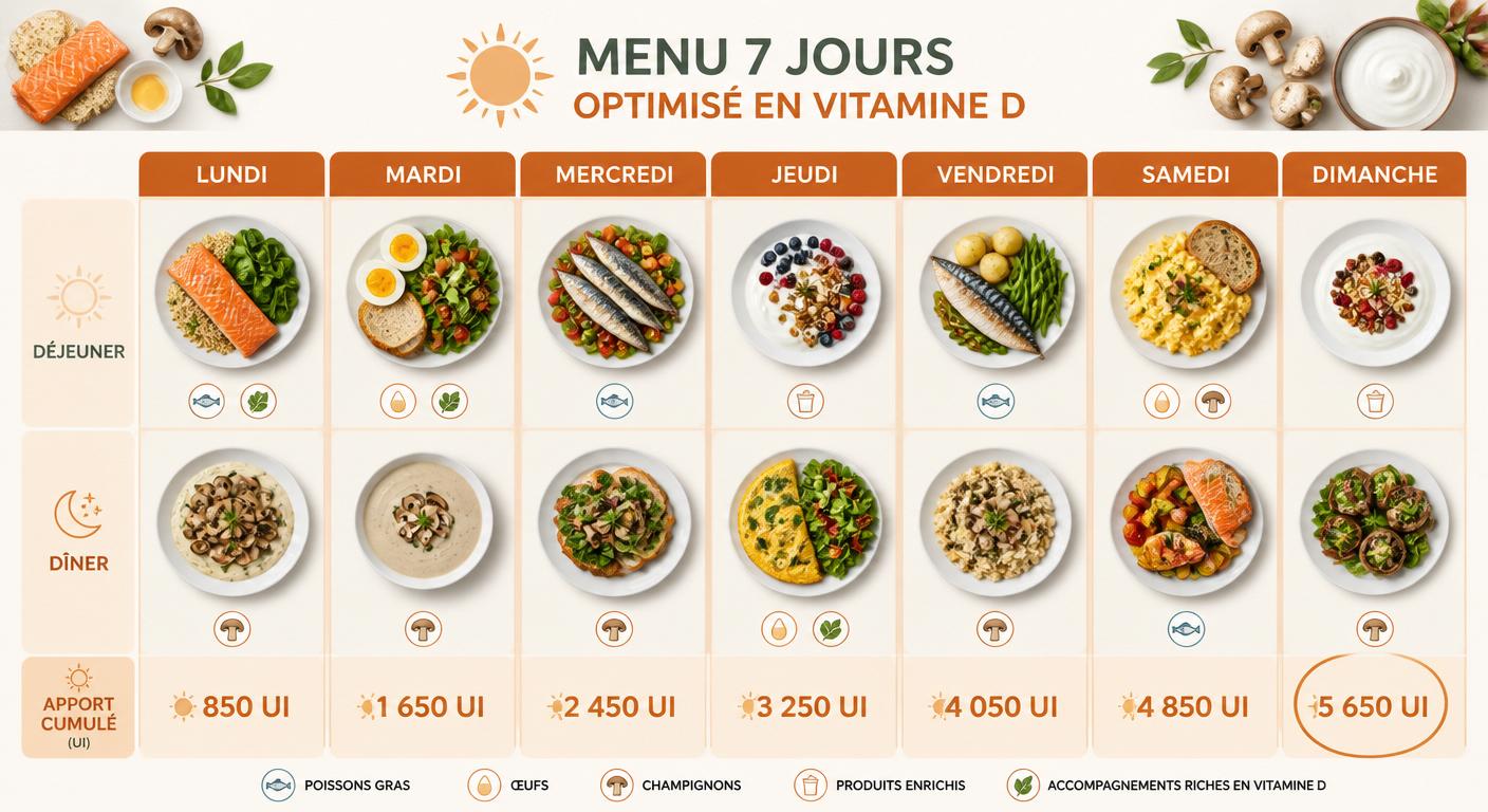 Infographie du menu hebdomadaire pour augmenter ses apports en vitamine D