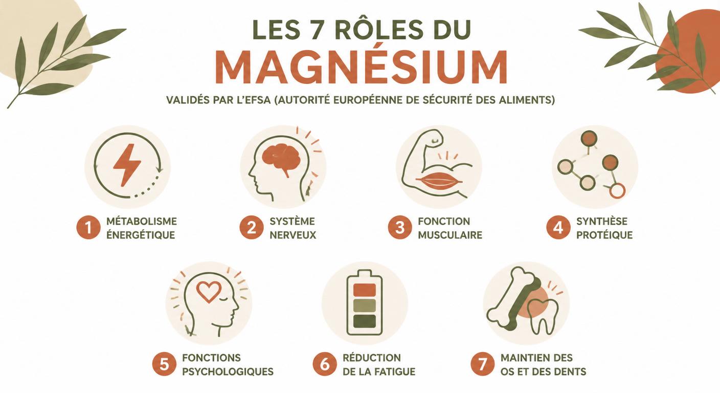 Infographie des 7 rôles validés du magnésium dans l'organisme selon l'EFSA