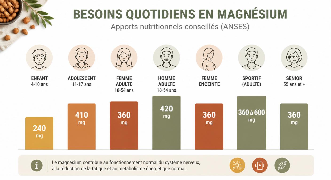 Infographie des besoins quotidiens en magnésium par profil selon l'ANSES