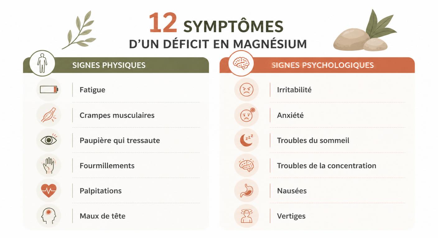 Infographie des 12 symptômes d'un déficit en magnésium