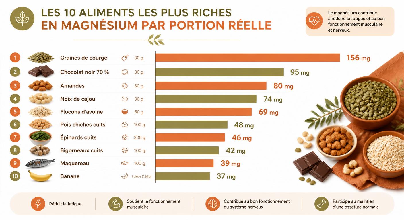 Infographie du top 10 des aliments les plus riches en magnésium par portion réelle