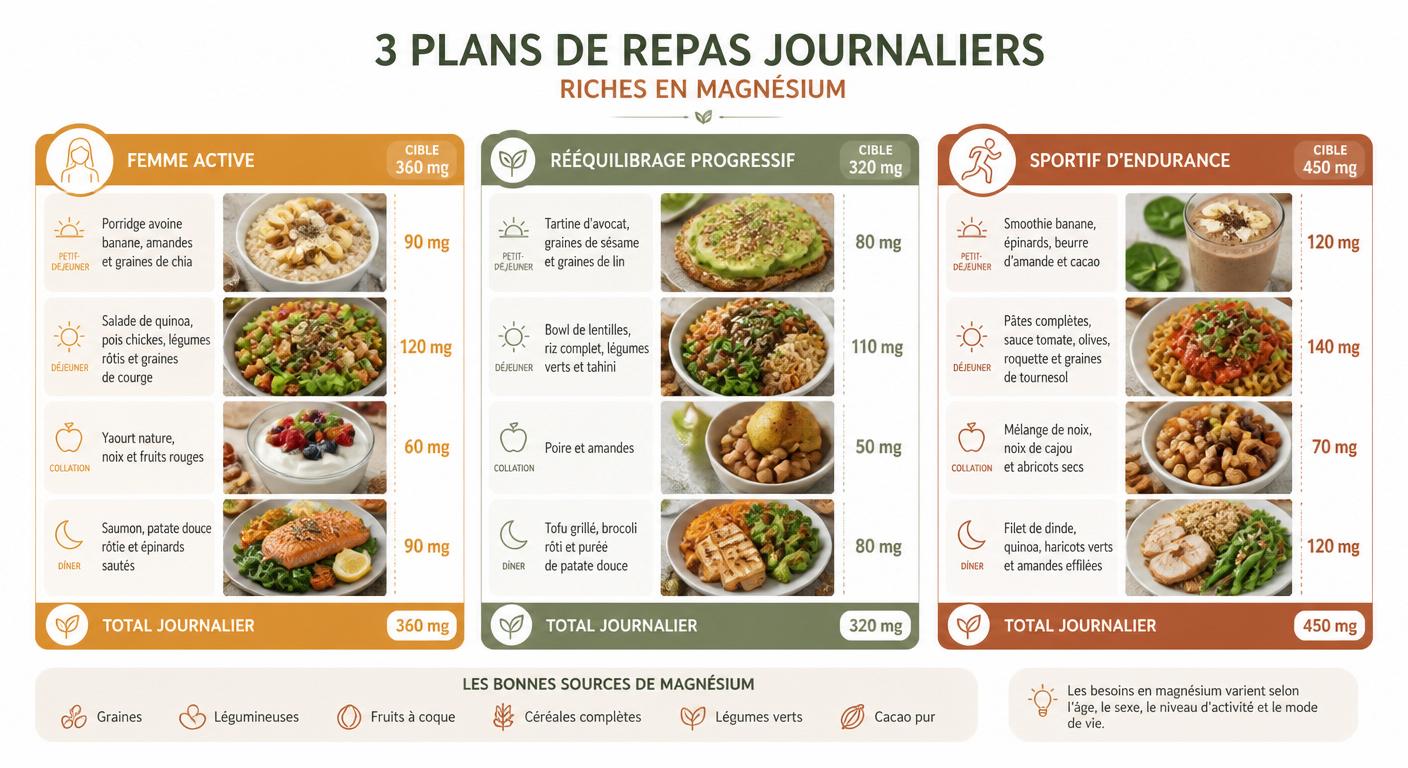 Infographie de trois journées type riches en magnésium par profil