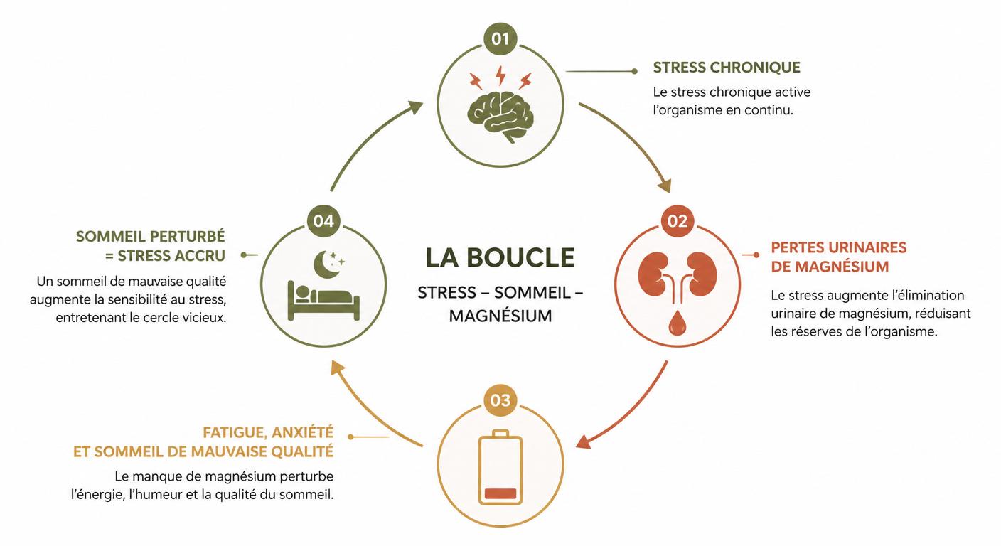 Infographie de la boucle stress sommeil et magnésium