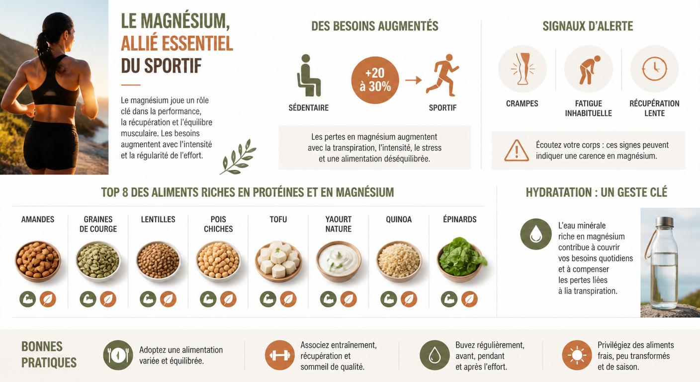 Infographie des besoins en magnésium et signaux d'alerte chez le sportif