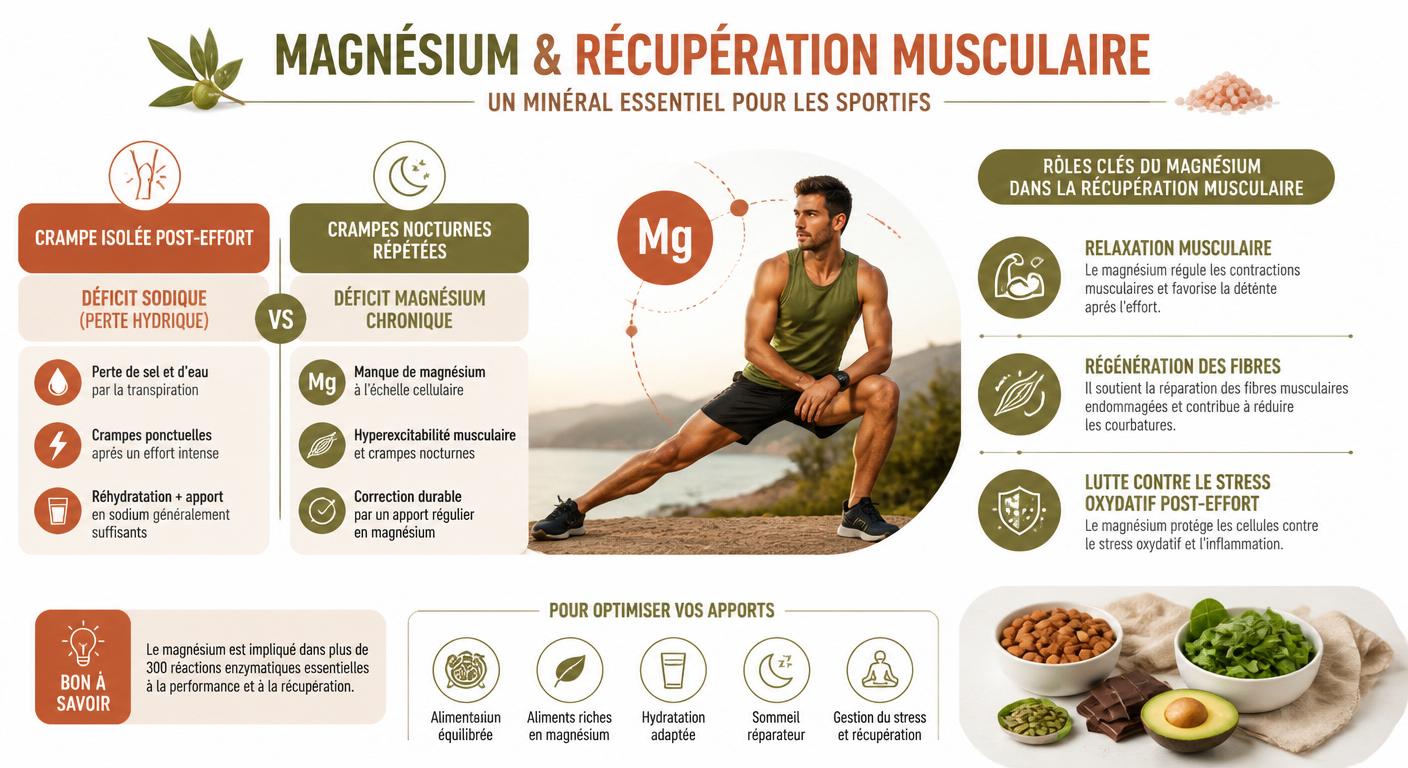 Infographie sur le rôle du magnésium dans les crampes et la récupération musculaire chez le sportif