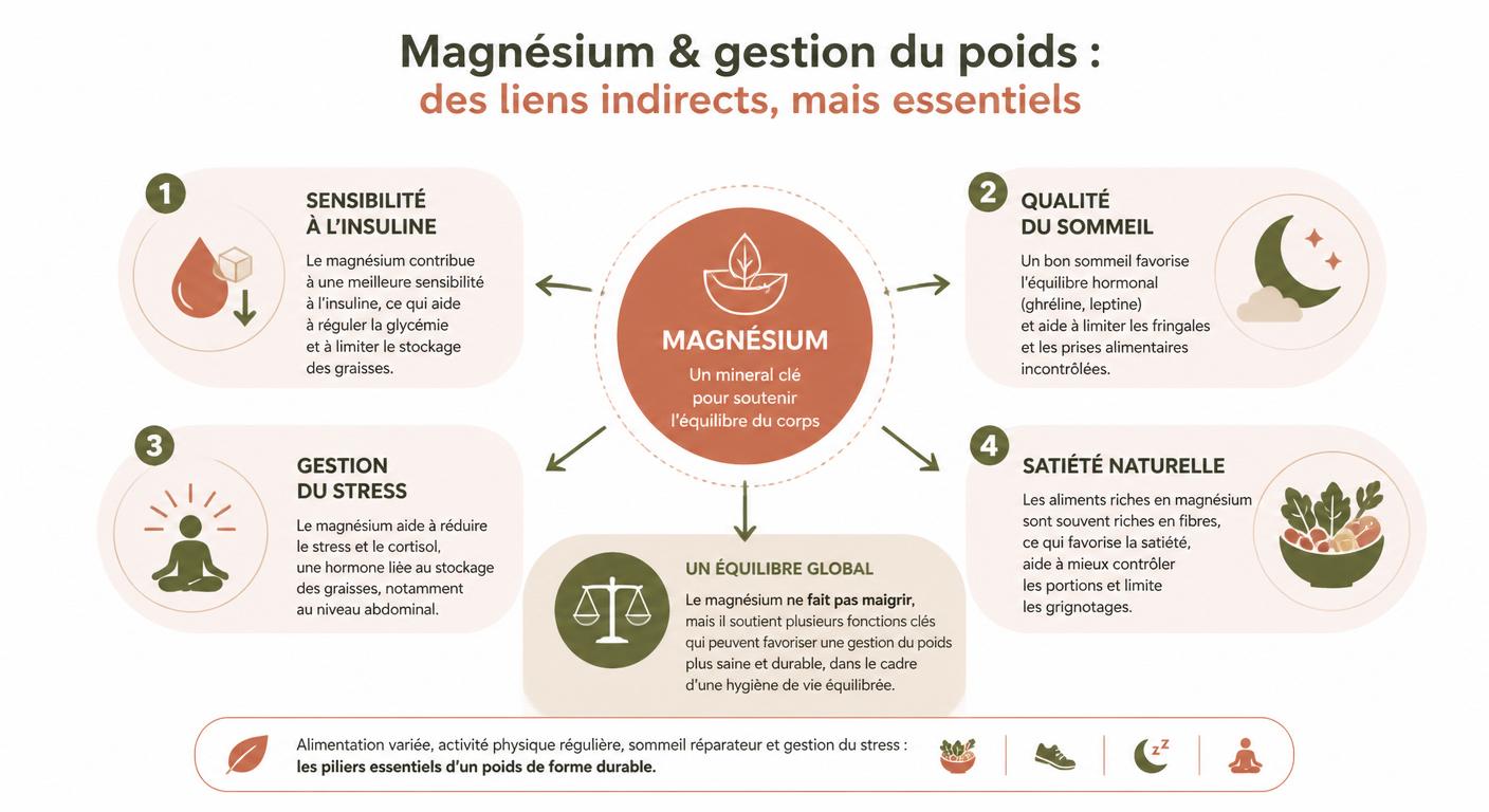 Infographie des leviers indirects entre magnésium et perte de poids