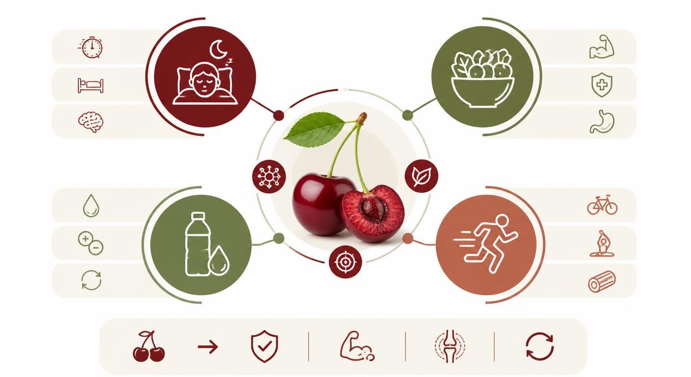 Infographie des piliers de la récupération sportive avec la cerise griotte comme aliment fonctionnel