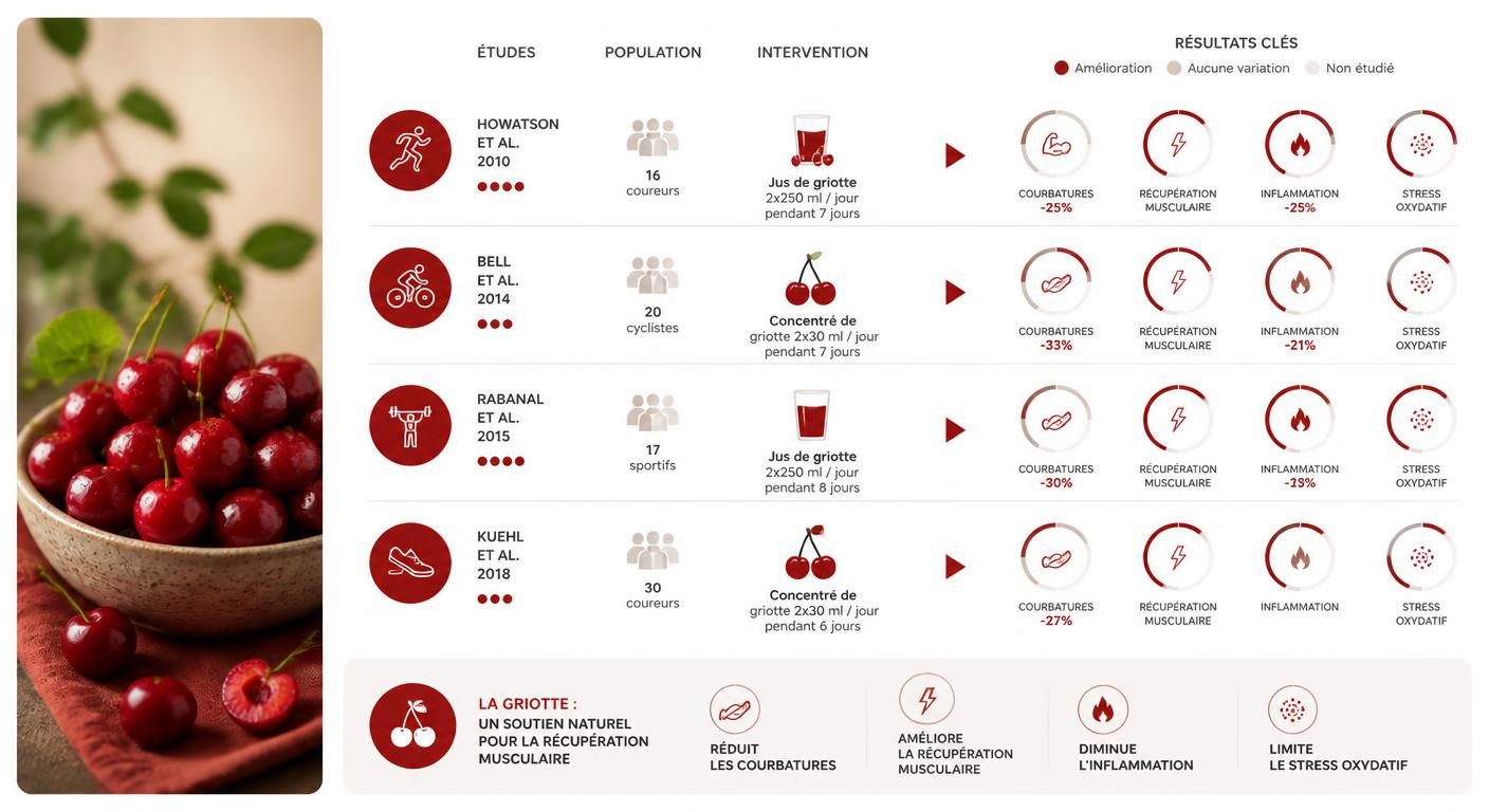 Infographie de synthèse des études sur la griotte et la récupération musculaire