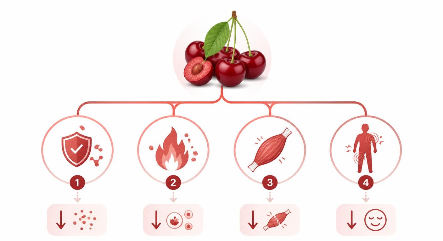 Infographie des mécanismes d'action des anthocyanes de la griotte après l'effort