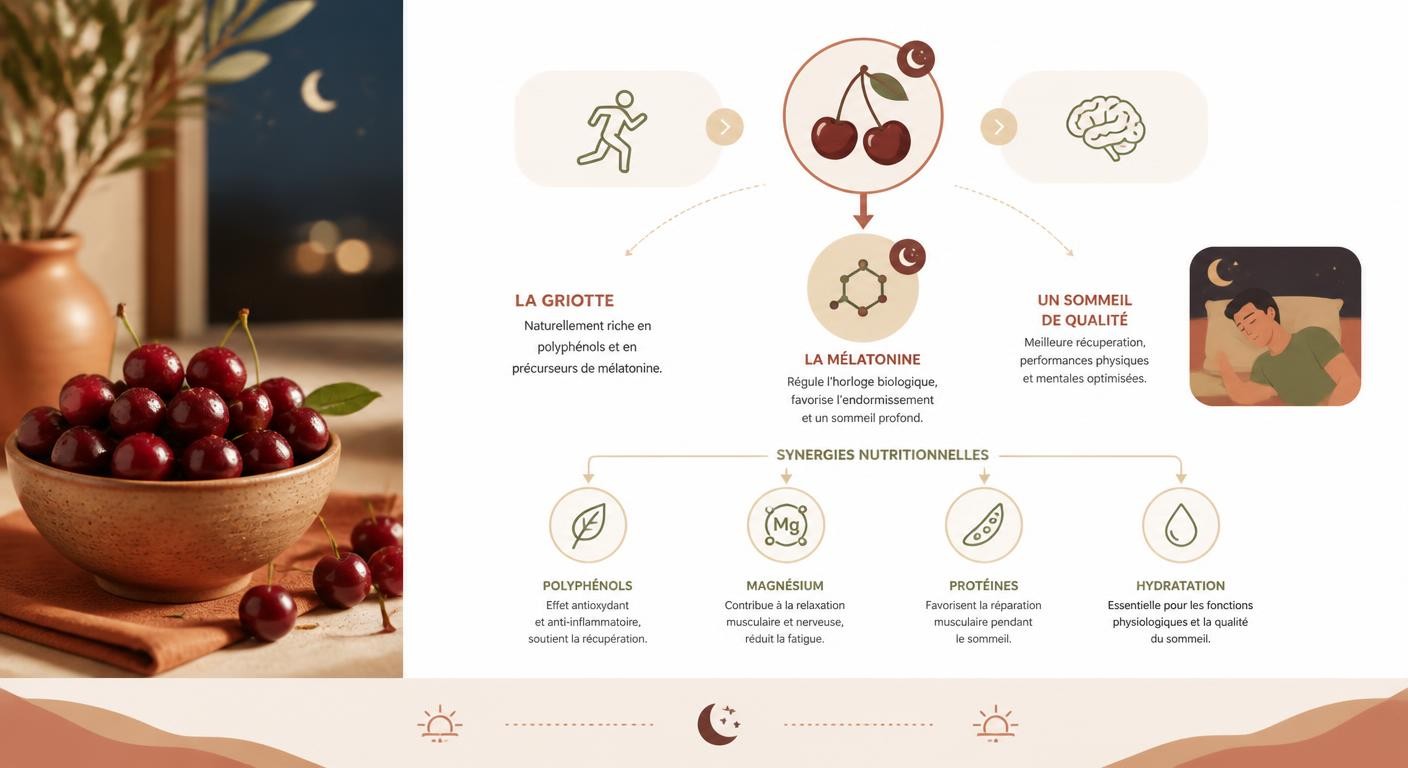 Infographie de la griotte, du sommeil et des synergies nutritionnelles du sportif
