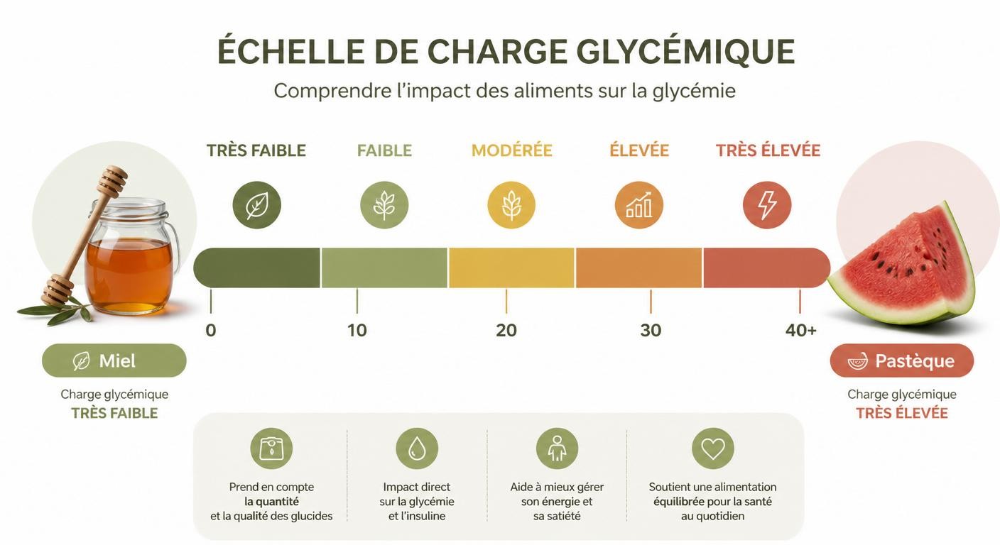Échelle colorée de la charge glycémique avec seuils très faible, faible, moyen et élevé