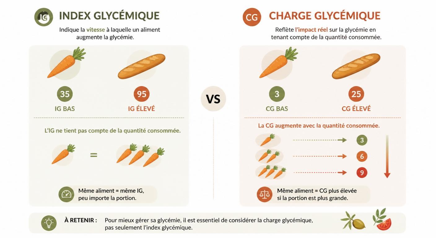 Comparaison visuelle entre index glycémique et charge glycémique avec l'exemple de la carotte et de la baguette