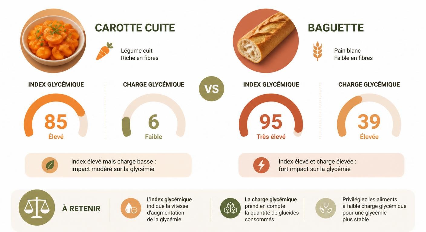 Comparaison de la charge glycémique de la carotte cuite et de la baguette pour illustrer la différence avec l'index glycémique