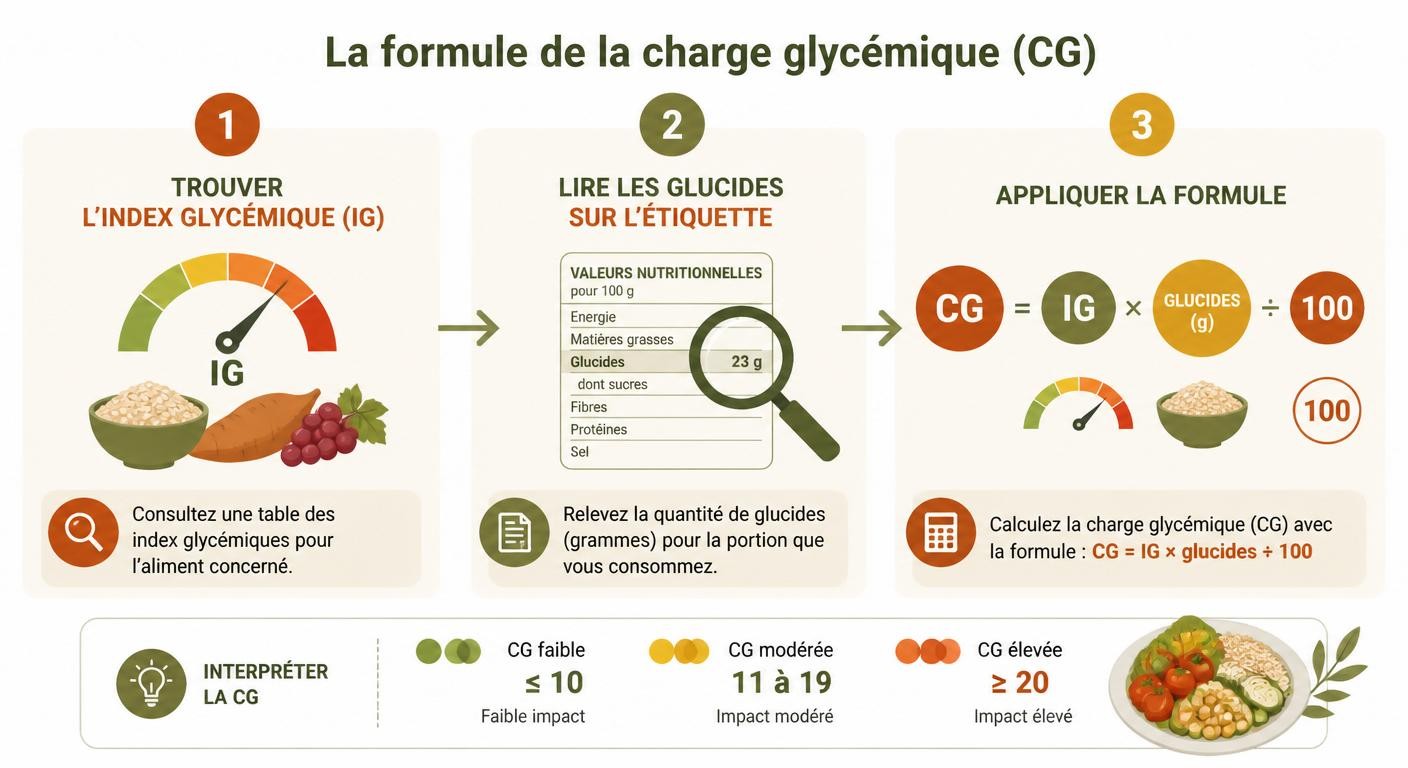 Étapes de calcul de la charge glycémique d'un aliment à partir de l'index glycémique et des glucides