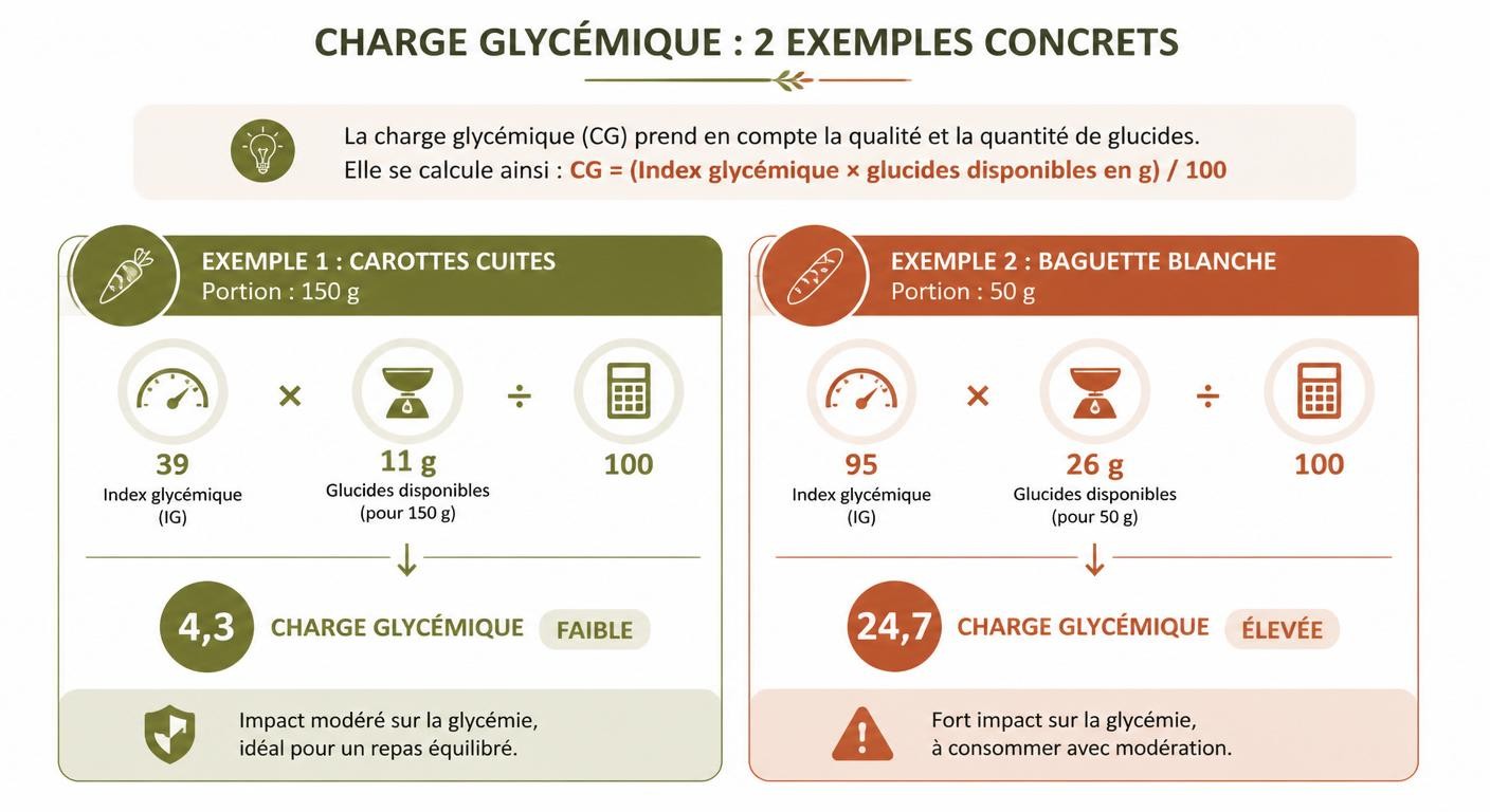 Exemples de calcul de la charge glycémique pour les carottes cuites et la baguette avec la formule détaillée