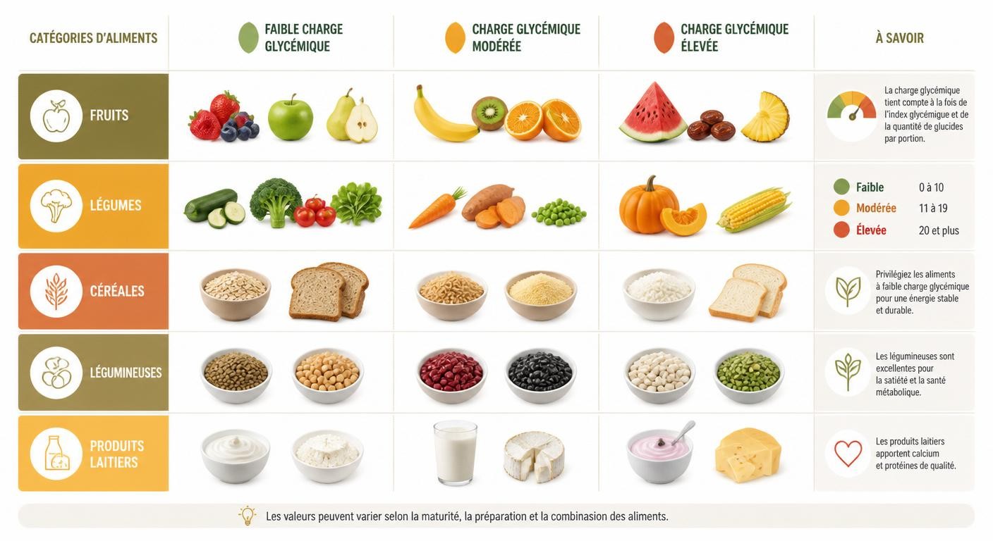 Tableau visuel de la charge glycémique des aliments courants classés par catégorie