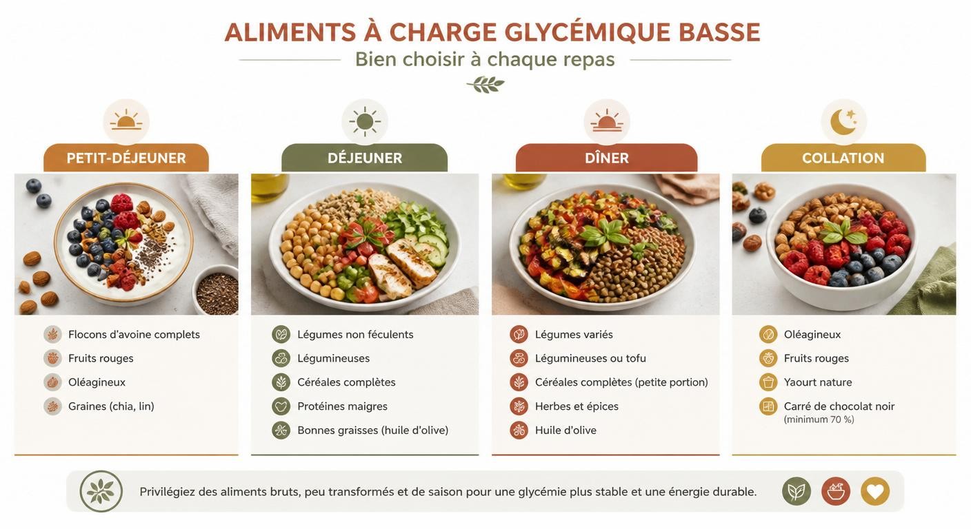 Aliments à charge glycémique basse classés par moment de la journée